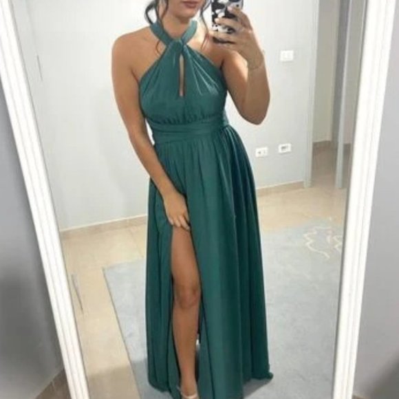 green Flowy Criss Cross Tie Split Thigh Dress - Picture 7 of 8